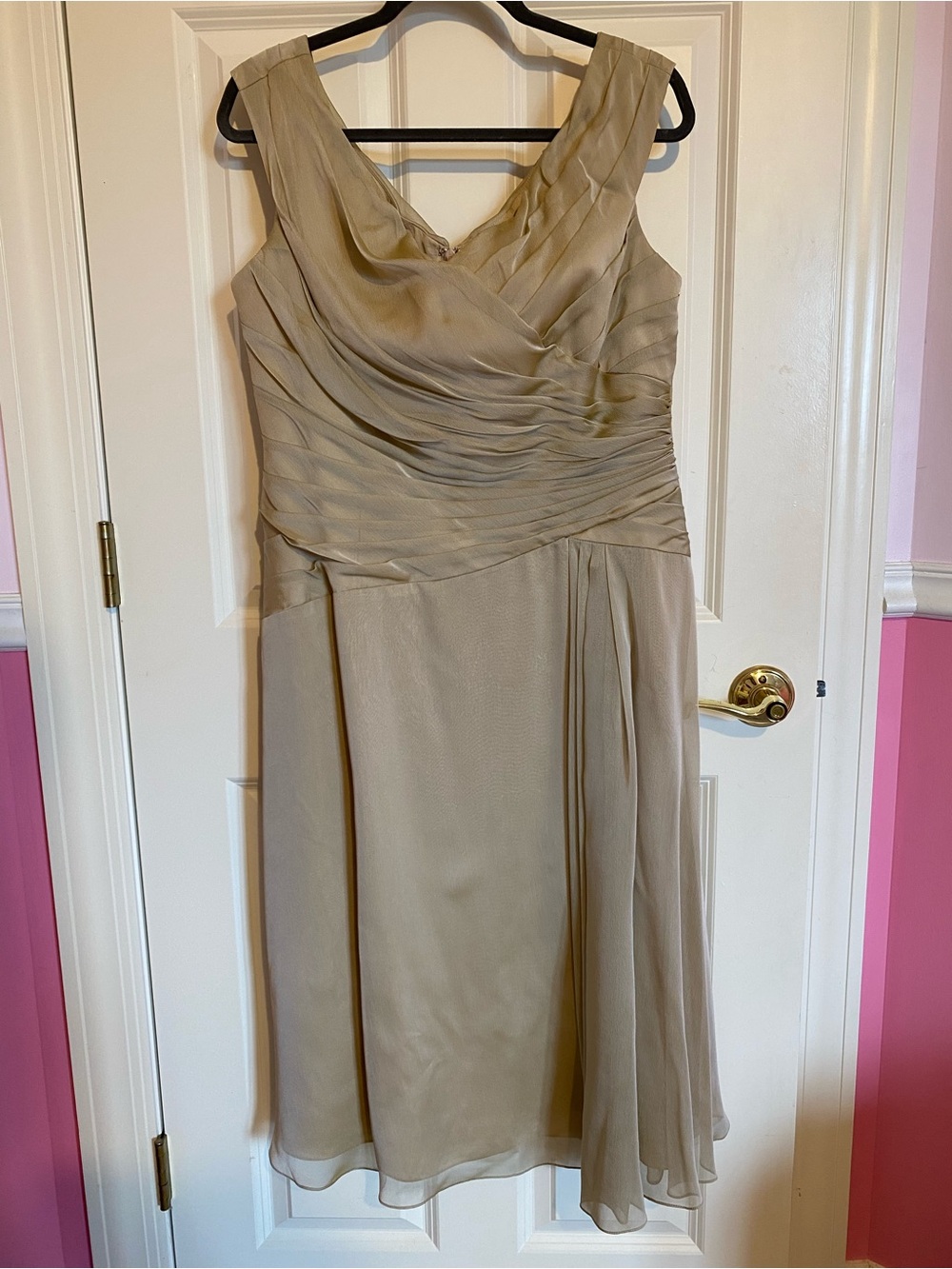 Jade by Jasmine champagne beige v-neck satin evening gown dress, size 14
